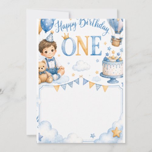Cute Baby Boy 1st Birthday Invitation Watercolor