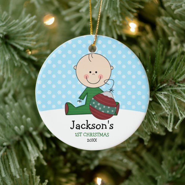 Cute Baby Boy 1st Christmas Personalized Ceramic Ornament (Tree)