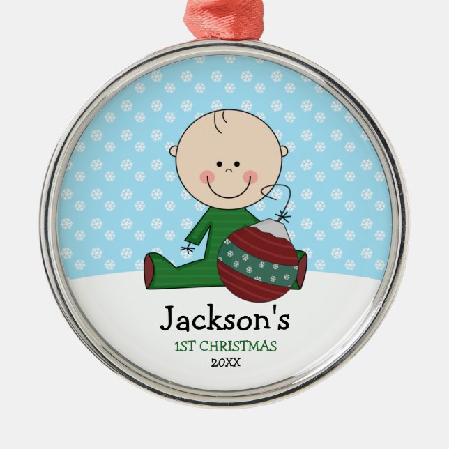 Cute Baby Boy 1st Christmas Personalized Metal Ornament (Front)