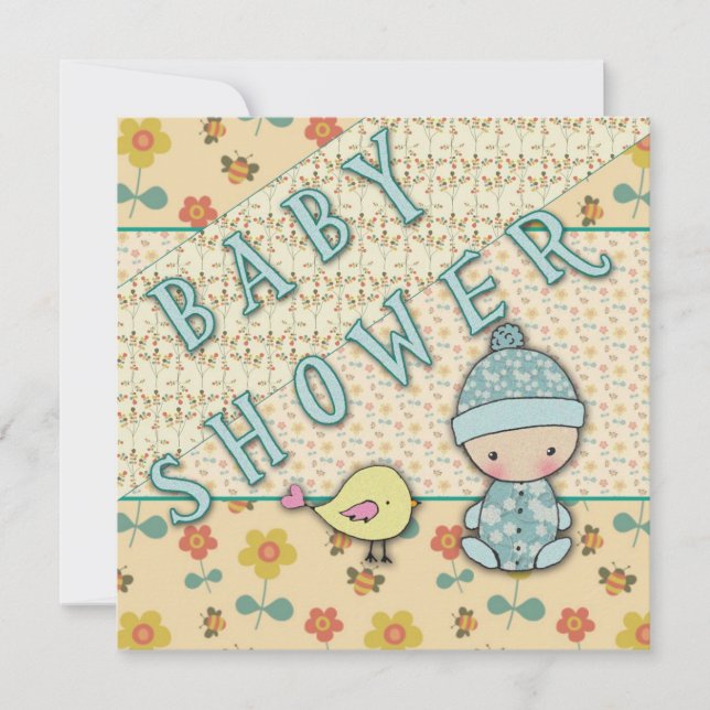 Cute Baby Boy and Bird Baby Shower Invitations (Front)