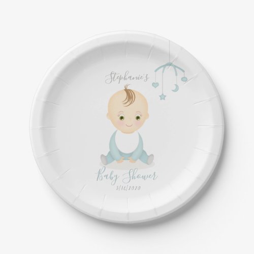 Cute Baby Boy and his Mobile Baby Shower Paper Plates