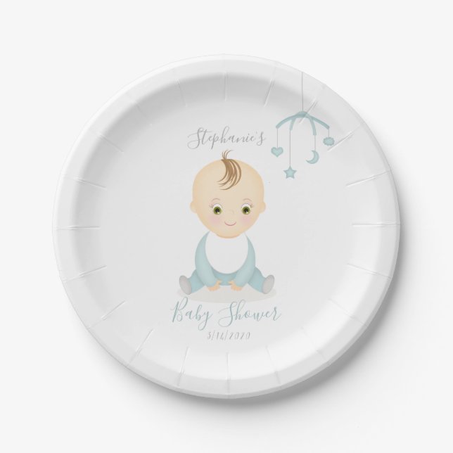 Cute Baby Boy and his Mobile Baby Shower Paper Plates (Front)