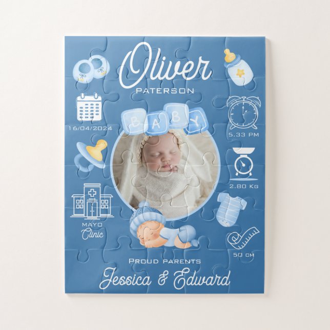 Cute Baby Boy Birth Stats Blue Newborn Modern Jigsaw Puzzle (Vertical)