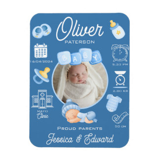 Cute Baby Boy Birth Stats Blue Newborn Modern Magnet