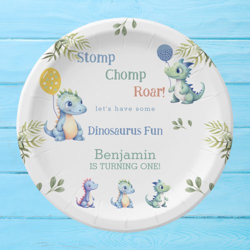 Cute Baby Boy Blue Dinosaur 1st Birthday Paper Plates