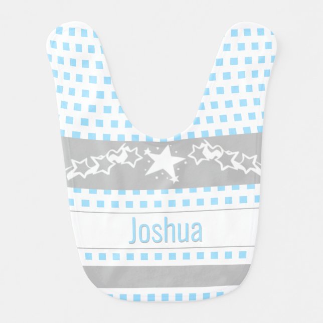 Cute Baby Boy Blue Dots & Stars with Name Bib (Front)