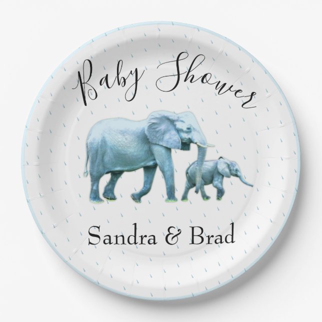 Cute Baby boy blue Elephants Baby Shower Paper Plates (Front)