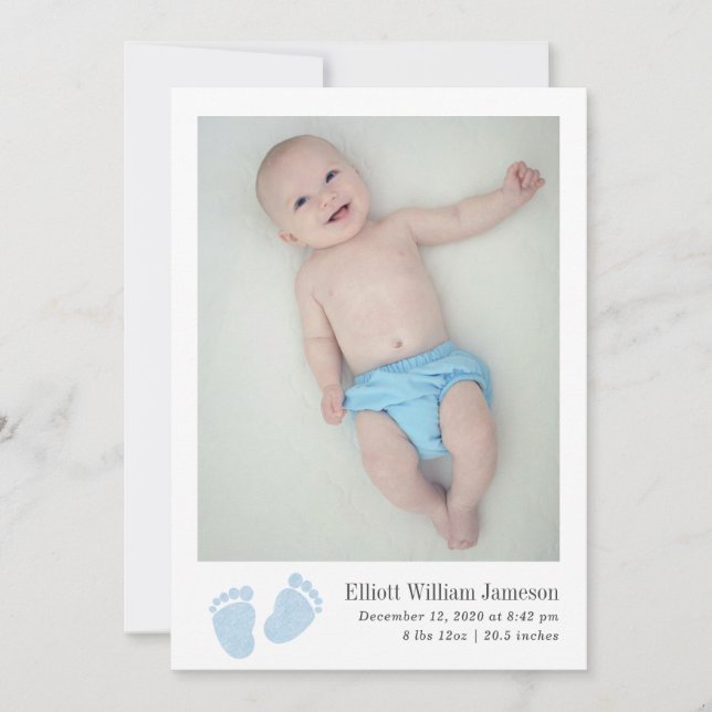 Cute Baby Boy Blue Footprint Newborn Photo Birth Announcement (Front)