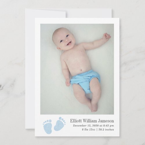 Cute Baby Boy Blue Footprint Newborn Photo Birth Announcement