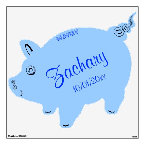Cute Baby Boy Blue Piggy Bank Birth Date Wall Sticker