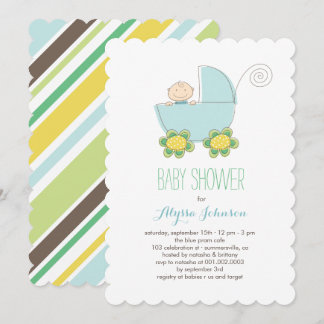 Cute Baby Boy Blue Pram Baby Shower Invite