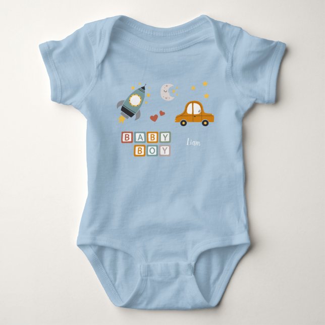 Cute Baby Boy Car and Rocket Ship Toys with Name Baby Bodysuit (Front)