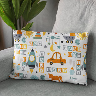 Cute Baby Boy Car and Toy Pattern with Name Accent Pillow