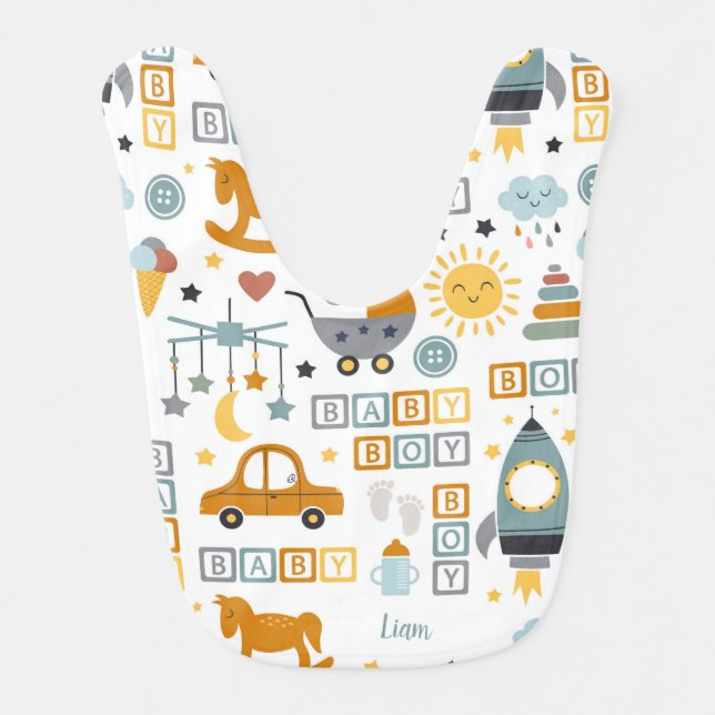 Cute Baby Boy Car and Toy Pattern with Name Baby Bib (Front)