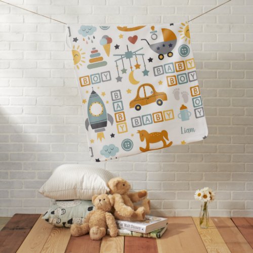 Cute Baby Boy Car and Toy Pattern with Name Baby Blanket