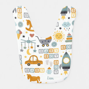 Cute Baby Boy Car and Toy Pattern with Name Bib