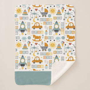 Cute Baby Boy Car and Toy Pattern with Name Sherpa Blanket
