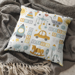 Cute Baby Boy Car and Toy Pattern with Name Throw Pillow