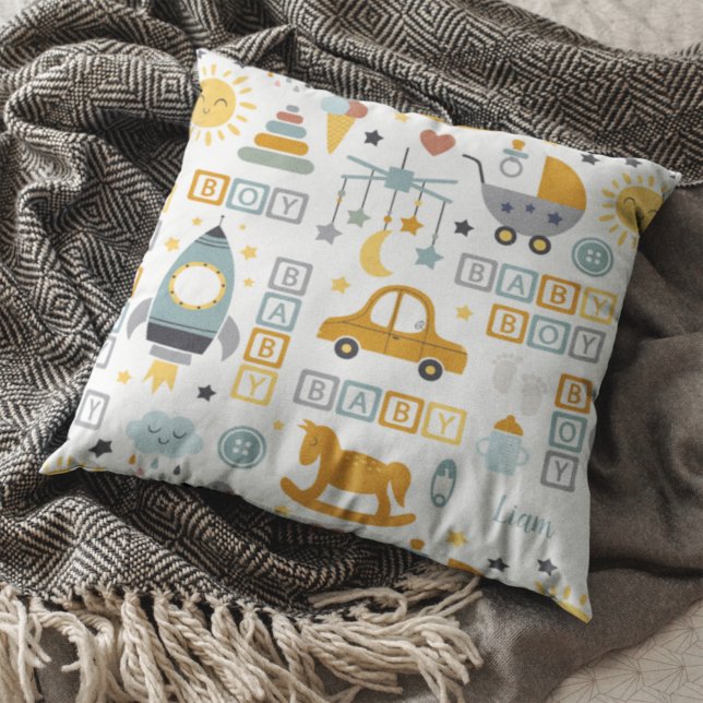 Cute Baby Boy Car and Toy Pattern with Name Throw Pillow (Creator Uploaded)