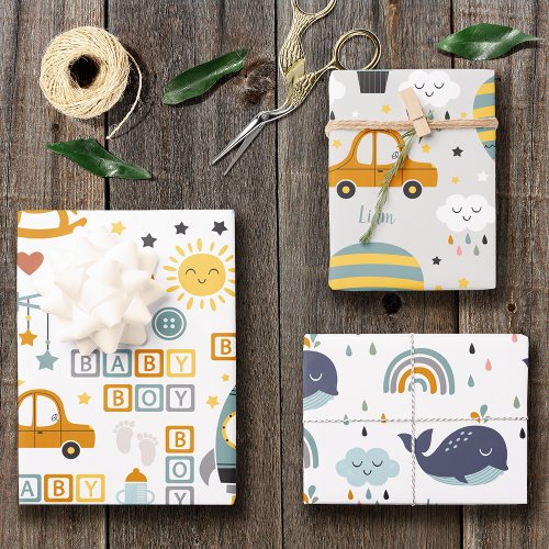 Cute Baby Boy Car and Toy Pattern with Name Wrapping Paper Sheets