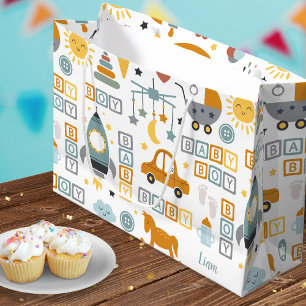 Cute Baby Boy Car Toy Pattern and Name Baby Shower Large Gift Bag