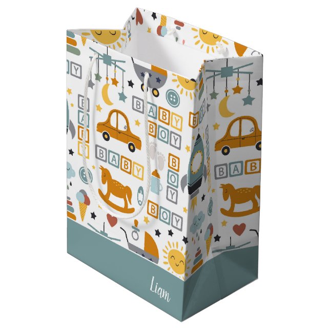 Cute Baby Boy Car Toy Pattern and Name Baby Shower Medium Gift Bag (Back Angled)