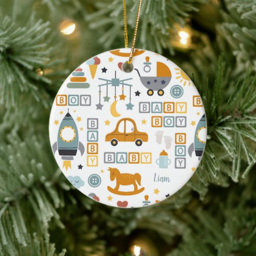 Cute Baby Boy Car Toy Pattern with Name Christmas Ceramic Ornament
