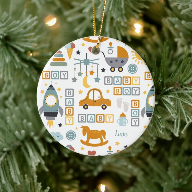 Cute Baby Boy Car Toy Pattern with Name Christmas Ceramic Ornament (Tree)
