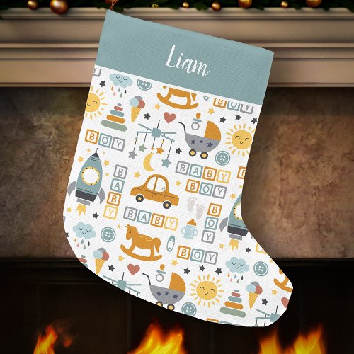 Cute Baby Boy Car Toy Pattern with Name Large Christmas Stocking