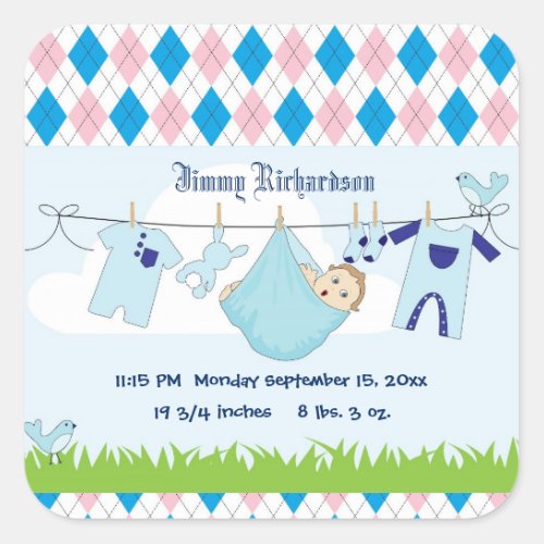 Cute Baby Boy Clothes Line Square Sticker
