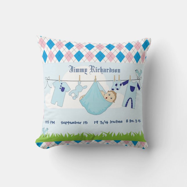 Cute Baby Boy Clothes Line Throw Pillow (Front)