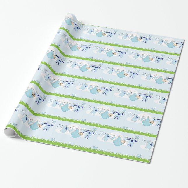 Cute Baby Boy Clothes Line Wrapping Paper (Unrolled)