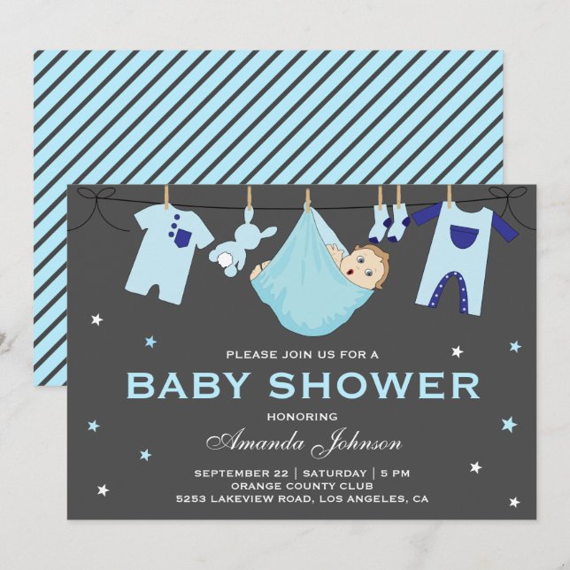 Cute Baby Boy Clothesline Baby Shower Invitation (Front/Back)