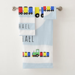 Cute Baby Boy Colorful Locomotive Train & Name Bath Towel Set