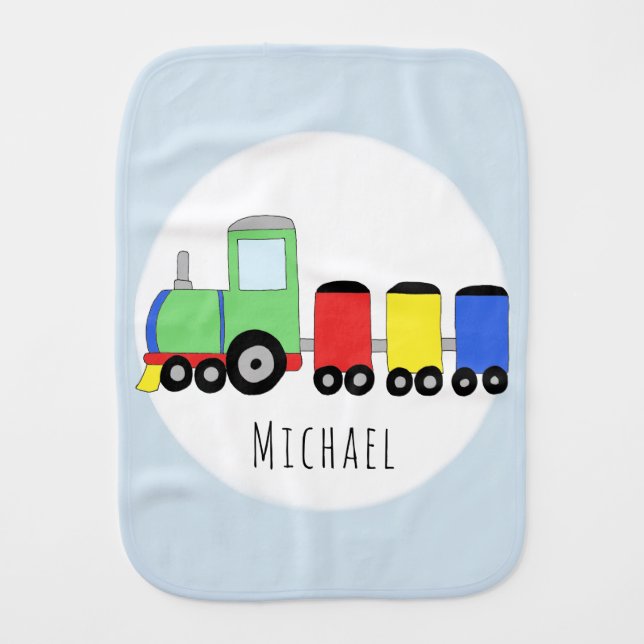 Cute Baby Boy Colorful Train with Name Burp Cloth (Front)