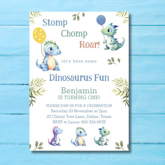 Cute Baby Boy Dinosaur 1st Birthday Party Invitation (Creator Uploaded)