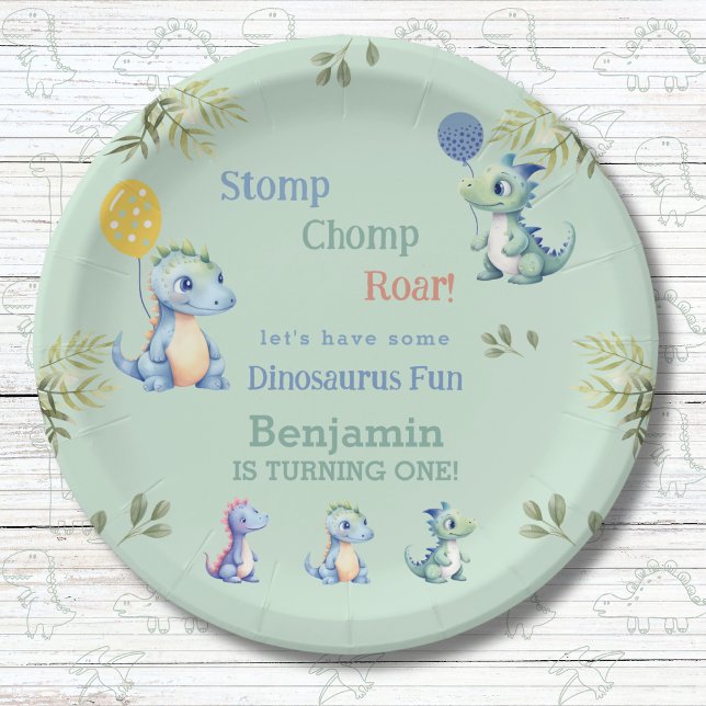 Cute Baby Boy Dinosaur 1st Birthday Party Paper Plates (Creator Uploaded)