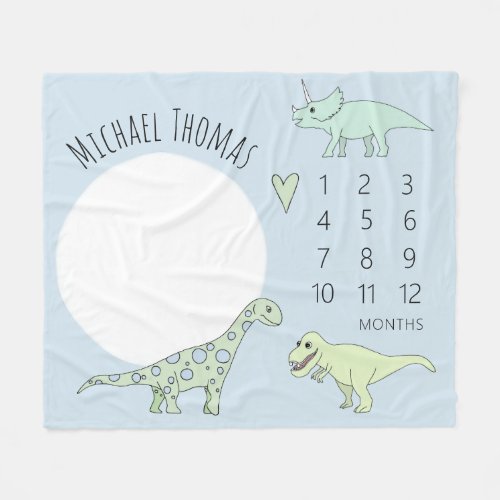 Cute Baby Boy Dinosaur Cartoon with Name Milestone Fleece Blanket