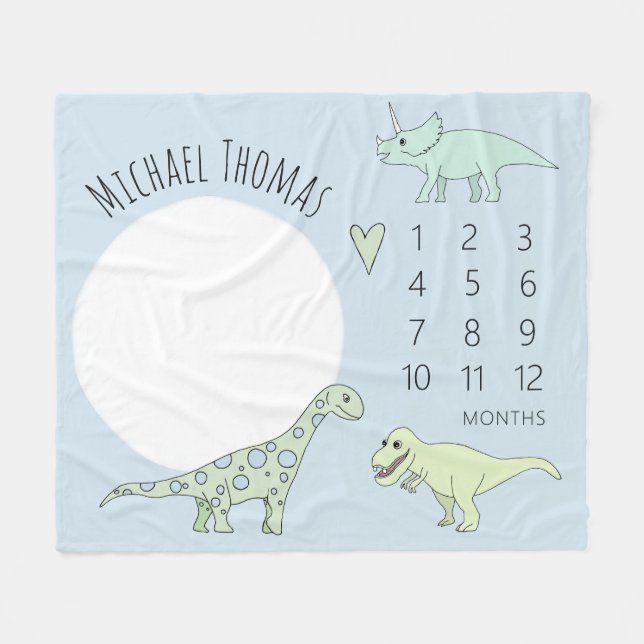Cute Baby Boy Dinosaur Cartoon with Name Milestone Fleece Blanket (Front (Horizontal))