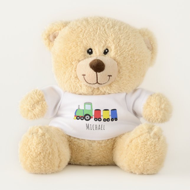 Cute Baby Boy Doodle Colorful Train with Name Teddy Bear (Front)