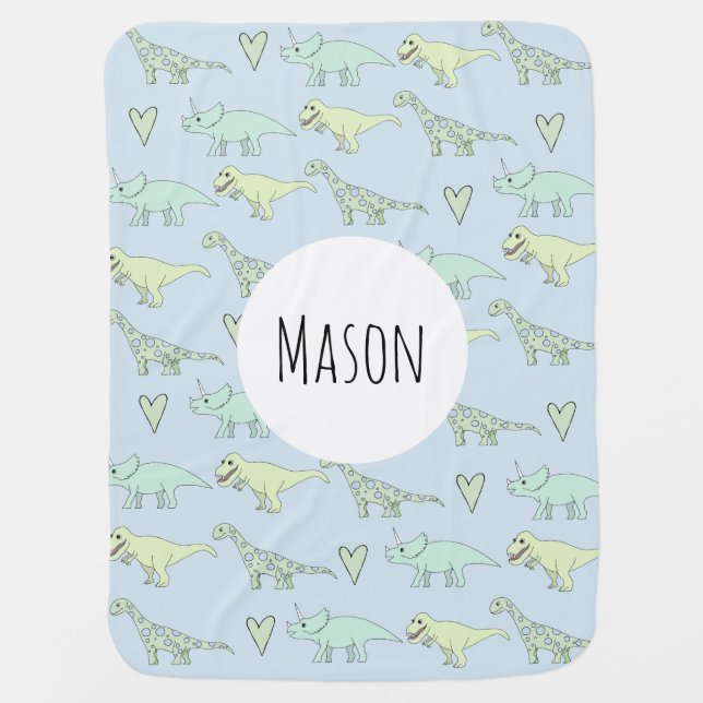 Cute Baby Boy Doodle Dinosaur Pattern & Name Stroller Blanket (Front)
