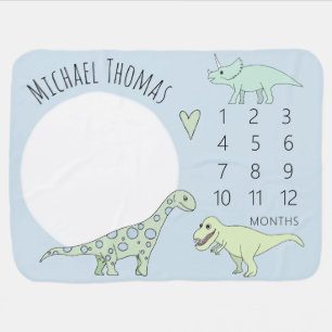 Cute Baby Boy Doodle Dinosaur with Name Milestone Blanket