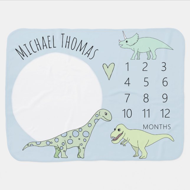 Cute Baby Boy Doodle Dinosaur with Name Milestone Blanket (Horizontal)