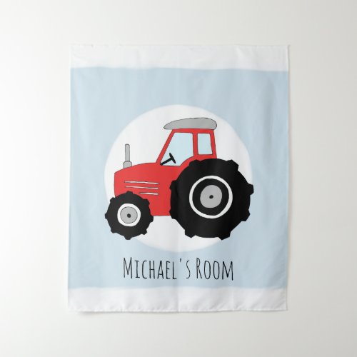 Cute Baby Boy Doodle Red Farm Tractor Name Nursery Tapestry