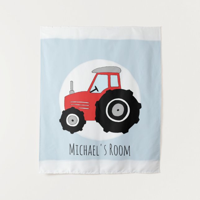 Cute Baby Boy Doodle Red Farm Tractor Name Nursery Tapestry (Front)
