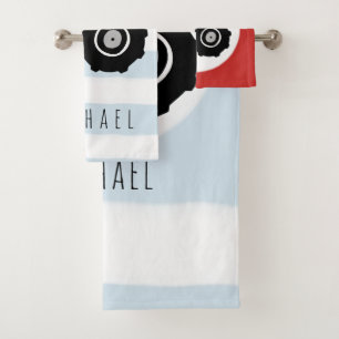 Cute Baby Boy Doodle Red Farm Tractor with Name Bath Towel Set