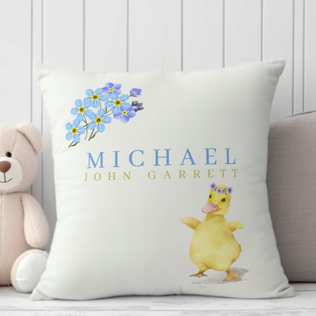 Cute baby boy duck pastel blue floral nursery throw pillow (Creator Uploaded)