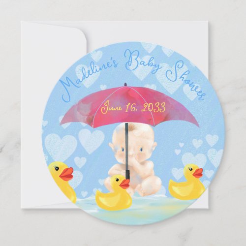 Cute Baby Boy Ducky and Umbrella Round Baby Shower Invitation