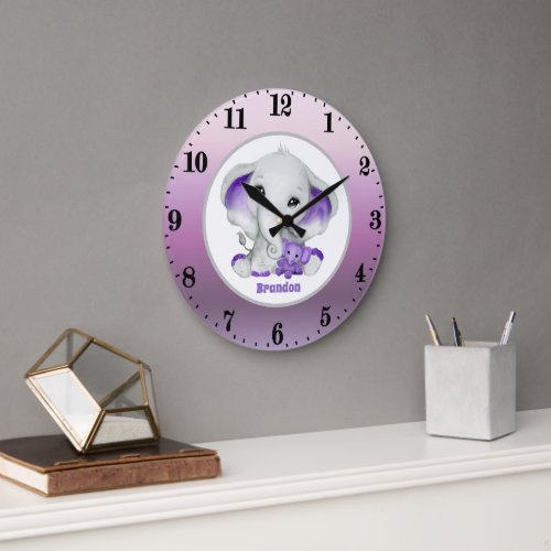 cute baby boy elephant add name nursery  large clock