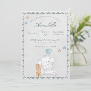 Cute Baby Boy Elephant and Balloon Watercolor Invitation